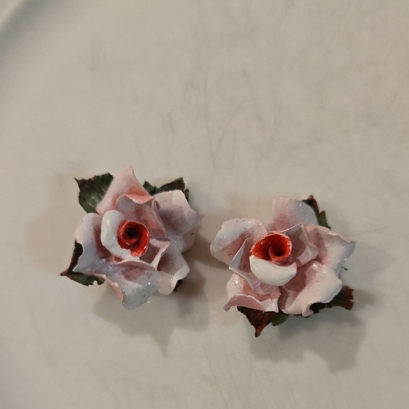 Vintage Rosette Clip Pink and Red Rose Earrings, Garden Party, Hamptons Chic - Picture 3 of 10